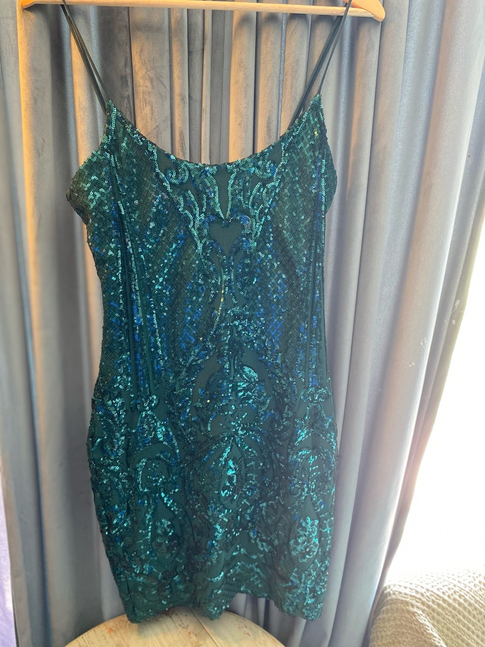 Lucy in the Sky Teal Sequin Slip Dress with Spaghetti Straps - Picture 5 of 7